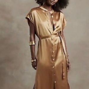 🌸 NWT Banana Republic Serenade Silk Shirt Midi Dress Gold 100% Silk XS NWT